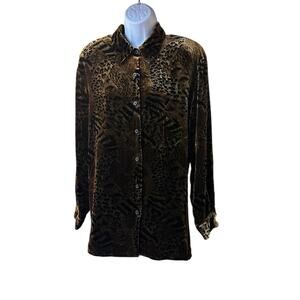 Corey B New York Burnout Velvet Animal Print Blouse Button Front READ